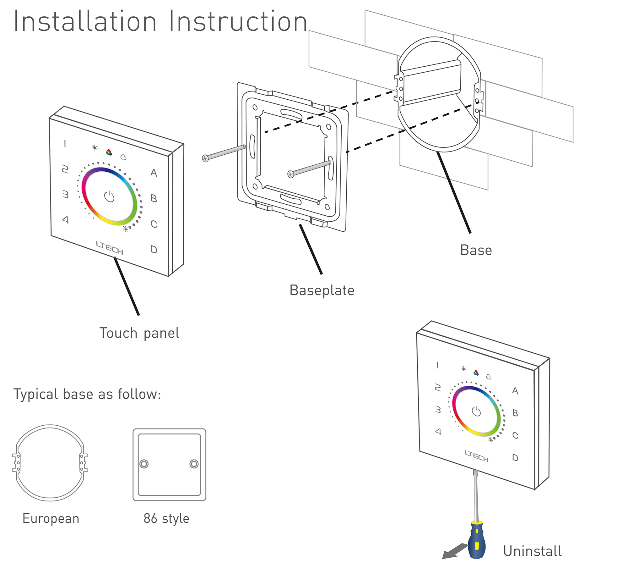 DALI Touch Panel, CT Dimming control, Support TC type control, Scene, Group, Unicast, Broadcast mode. Output signal: DALI, Touch vibration, IP20. EDT2  LTECH Touch Panel